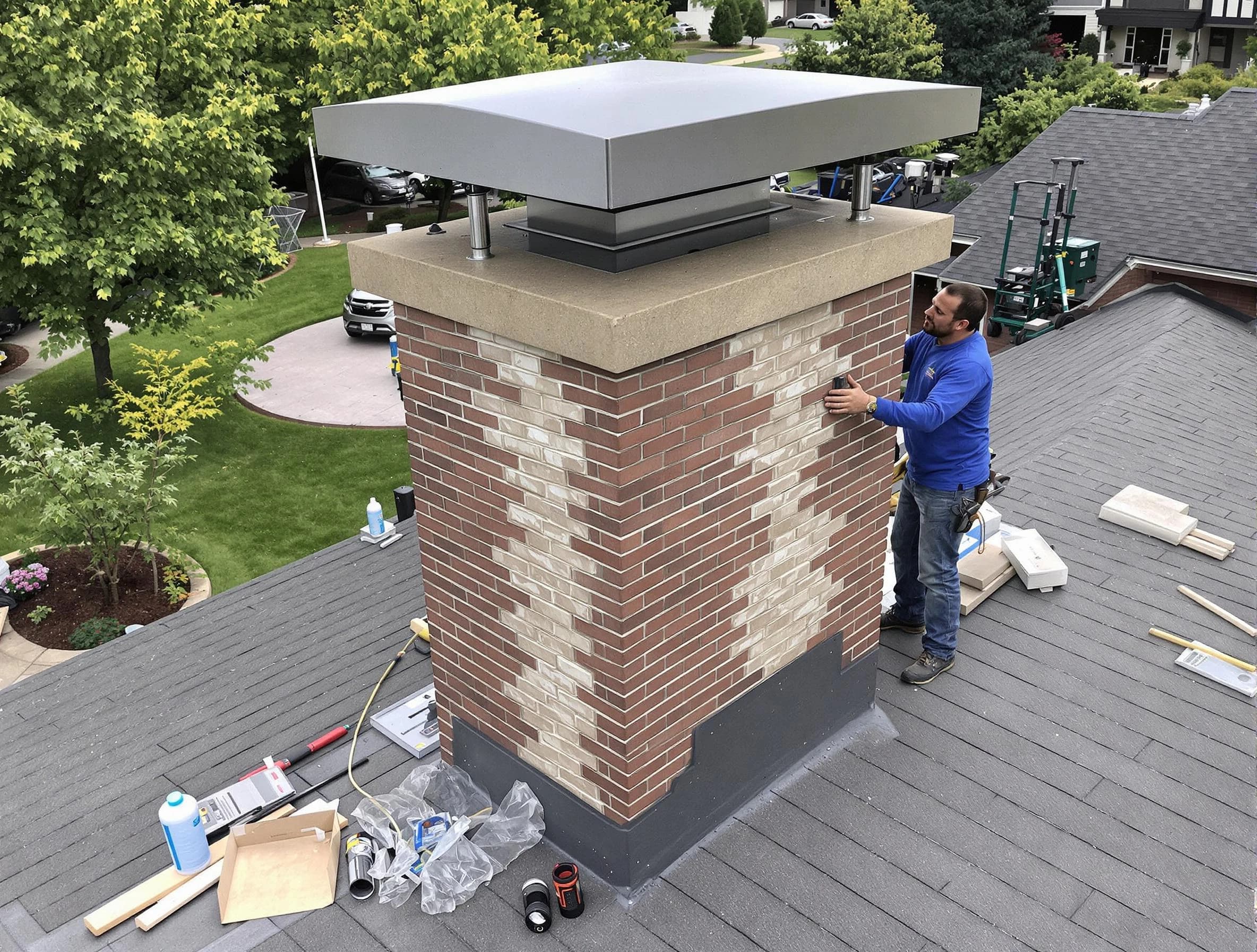 Pleasant View Chimney Sweep team working on a custom chimney remodel in Pleasant View, TN